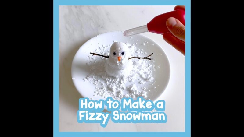 A small fake snow snowman is on a plate and the text reads How to Make a Fizzy Snowman.