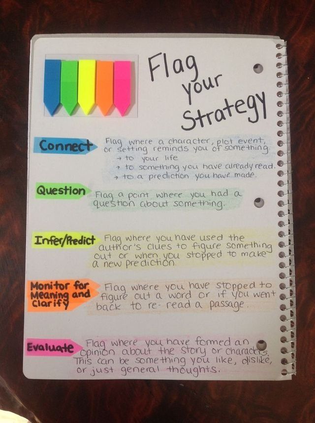 Example of how to use colored tabs or flags to organize notes and build study skills.