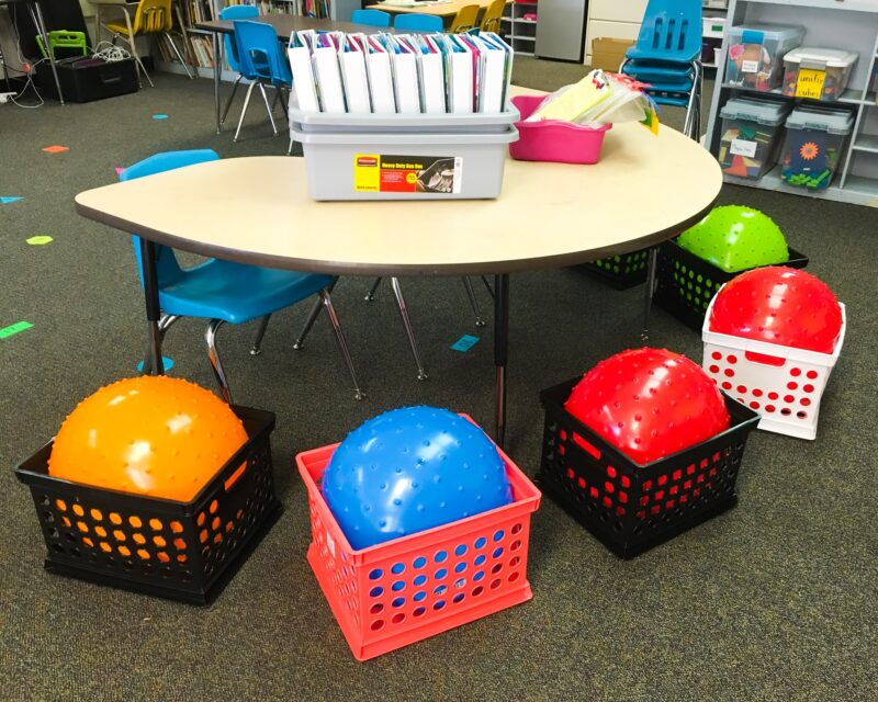 example of flexible seating with balance balls and crates 