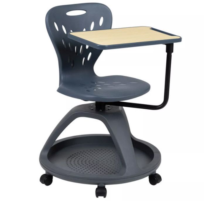 Dark gray desk chair on wheels with desk arm attached