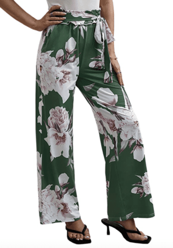 Floral belted wide leg high waisted women's pants in green and white