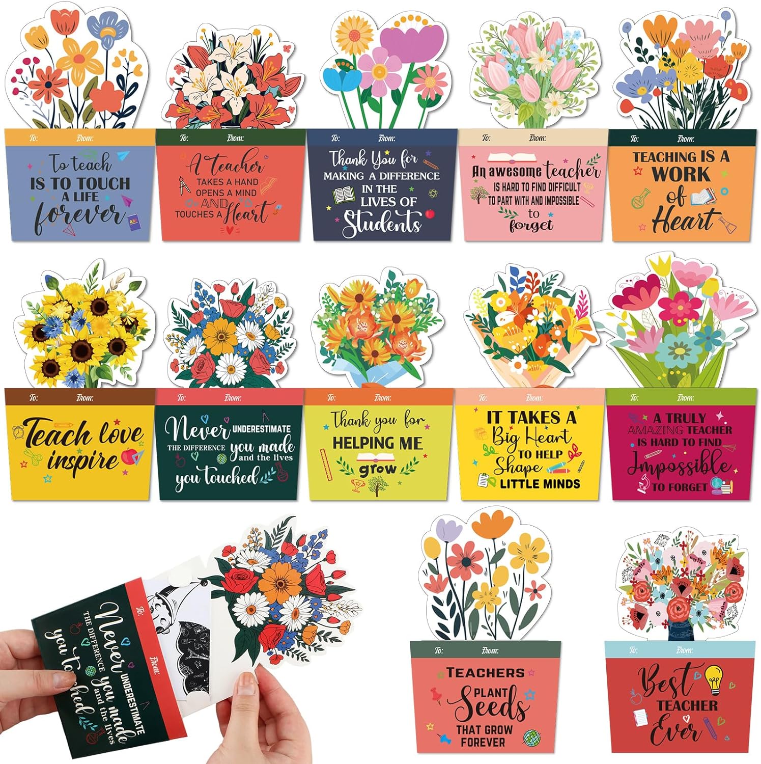 Selection of paper gift card holders shaped like pots of flowers with sentimental thank you messages for teachesr