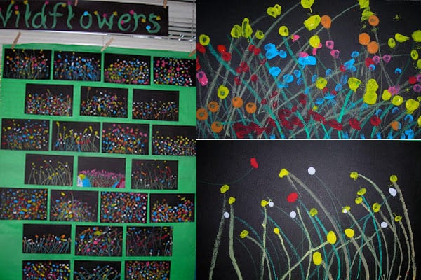 Collage of wildflower pictures made by dabbing paint on black paper and adding chalk stems