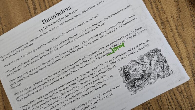 fluency passage with green line where students should stop reading 