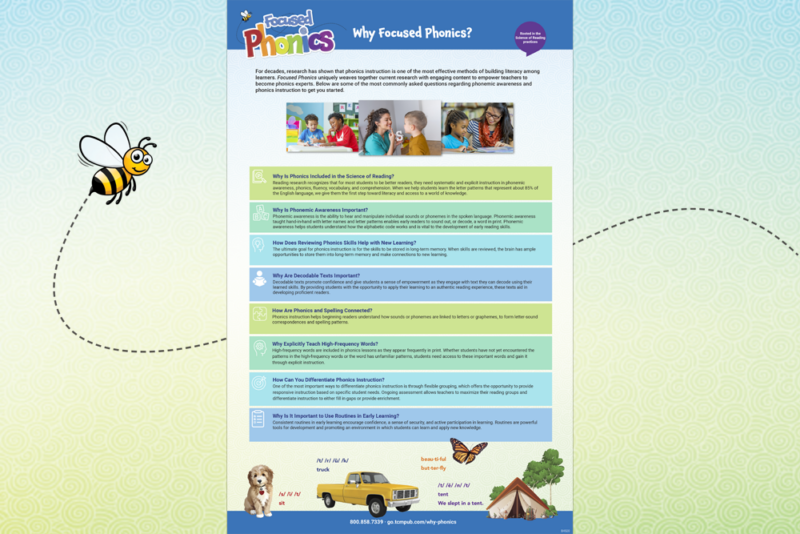 Printable Q & A about phonics instruction on colorful background with buzzing bee.