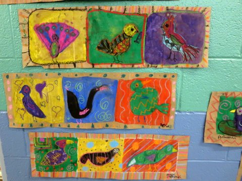 Third grade are projects include these brightly colored illustrations of birds. Nine different drawings are shown.