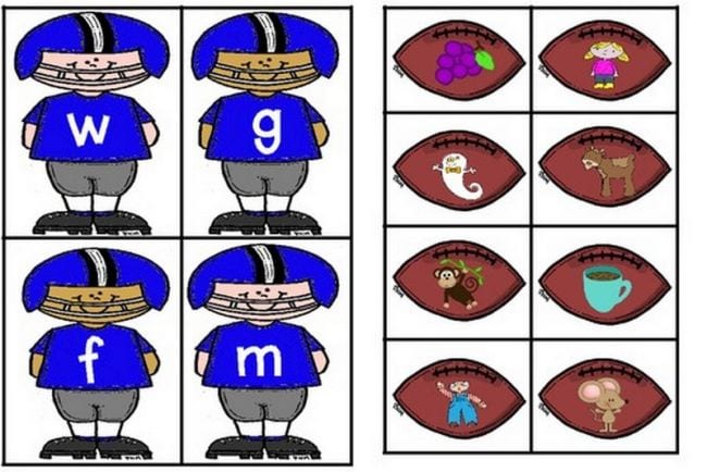 Cartoon football players with letters on their chests and footballs with pictures of various items