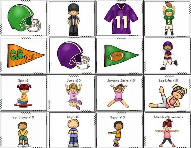 Printable cards with cartoon football pictures and images of children exercising