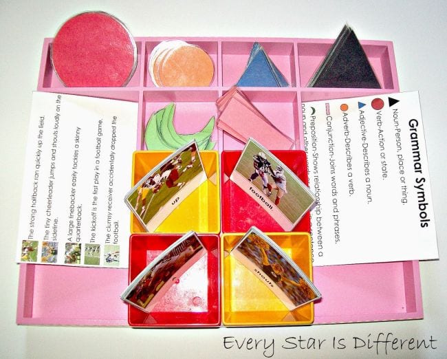 Pink divided box filled with laminated colored shapes and cards containing football-related sentences
