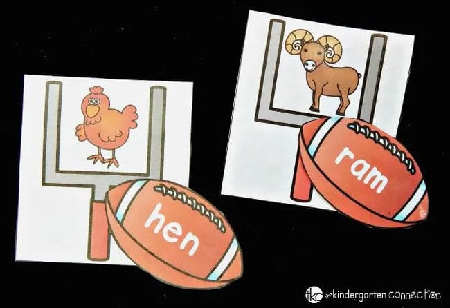 Cards with pictures of hen and ram and footballs with matching words on them (Football Activities)