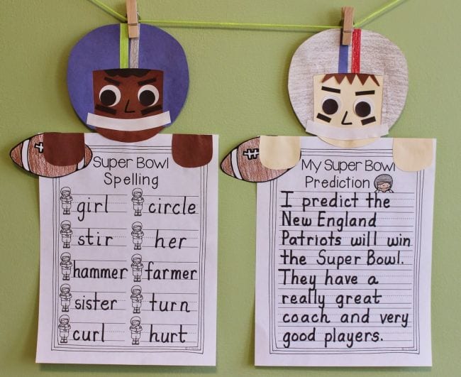 Cutout football players with spelling words and a Super Bowl prediction