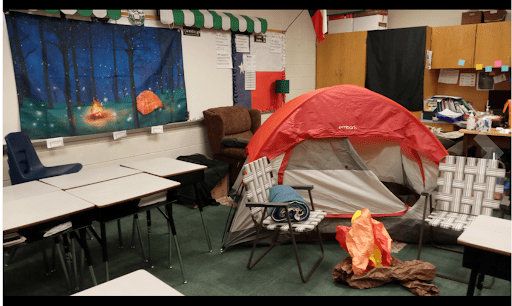 Tent and fire-pit in a classroom
