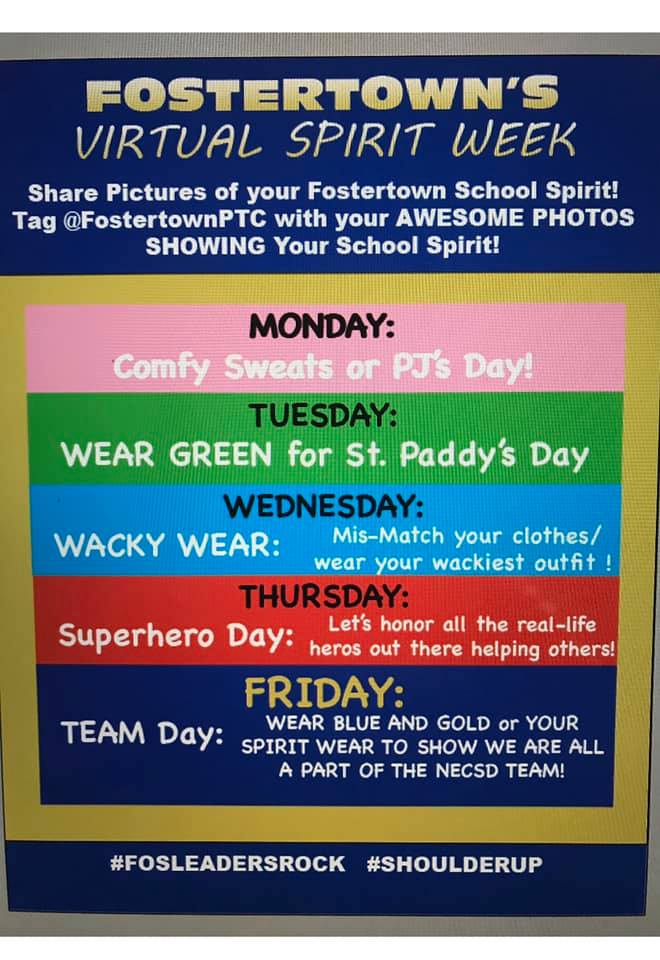 Poster sharing schedule for virtual spirit week at school