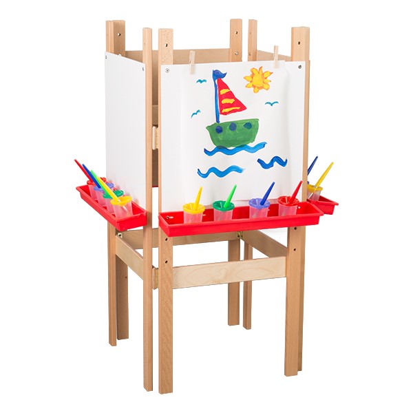 This four sided wooden art easel for kids features a red tray under each side that is shown holding paintbrushes and paints.