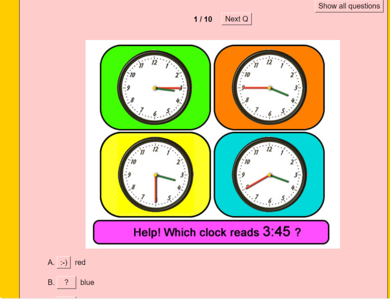 Four cartoon analog clock faces are shown on a green, red, yellow, and blue background. Text reads Help! Which clock reads 3:45?