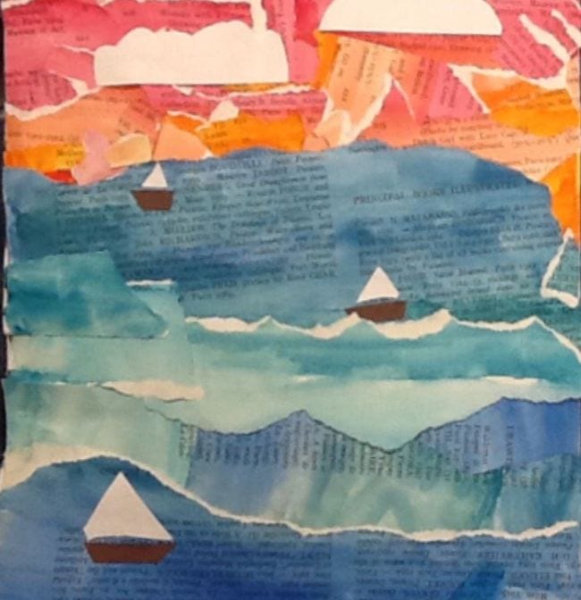 Watercolor seascape painted on torn book pages with construction paper ships (Fourth Grade Art Projects)