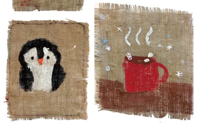 Penguin and hot chocolate mug painted and stitched on burlap