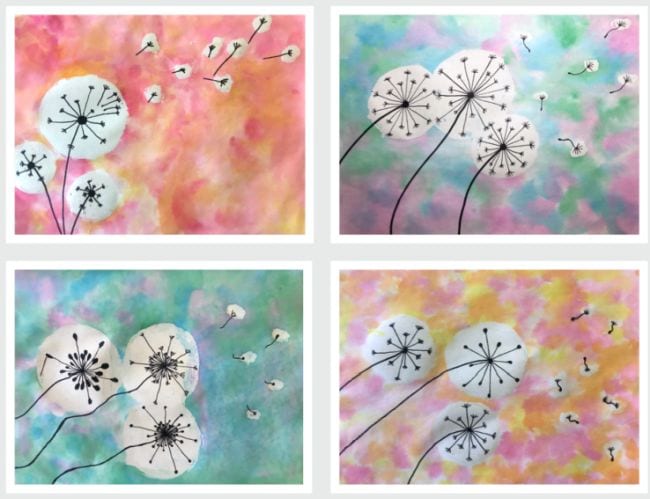 Collage of watercolor paintings with dandelion seed heads