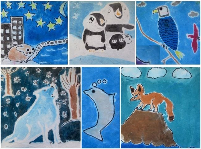 Collage of animals on cloth made using toothpaste batik method (Fourth Grade Art Projects)