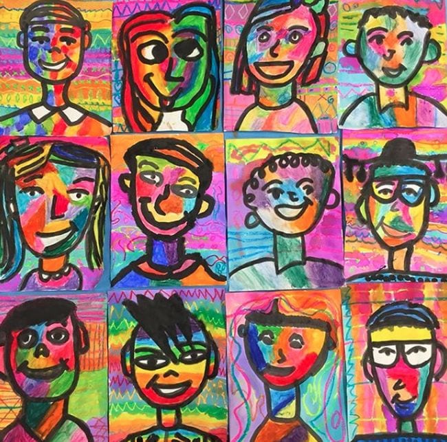 Collage of simple self-portraits done in bright colors (Fourth Grade Art Projects)