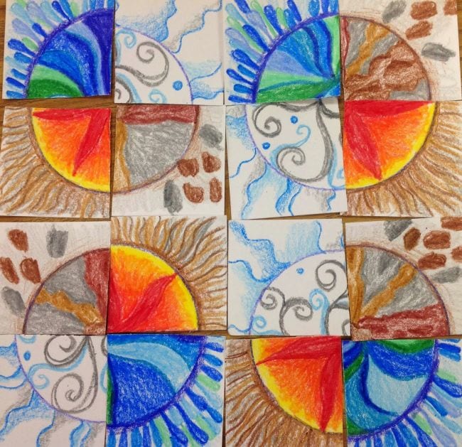 Four different patterned circles, split into quarters and reassembled (Fourth Grade Art Projects)
