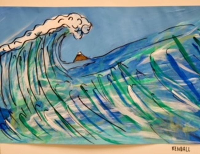 Large wave painted in shades of blues and green (Fourth Grade Art Projects)