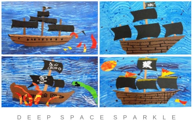 Collage of construction paper pirate ships with painted patterned backgrounds (Fourth Grade Art Projects)