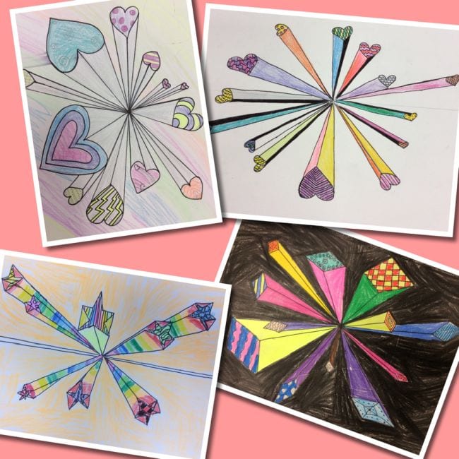 Collage of drawings of various shapes, exploding out from a central point (Fourth Grade Art)