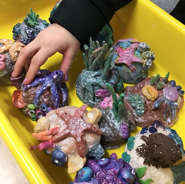 Collection of clay sculptures of rocks with sea stars and urchins (Fourth Grade Art)