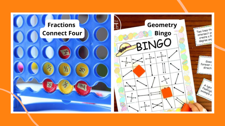 Collage of fourth grade math games, including Fractions Connect Four and Geometry Bingo