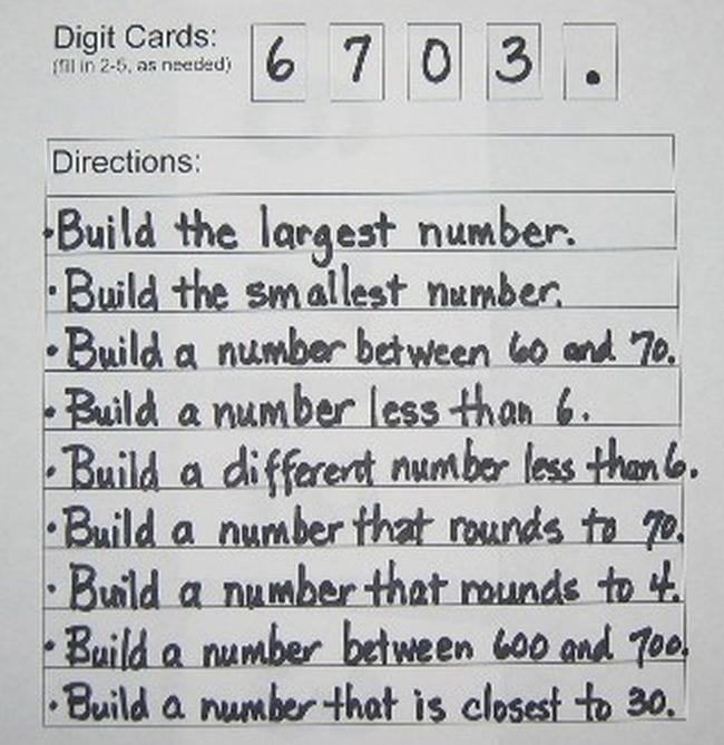 Series of challenges for creating a number using number cards