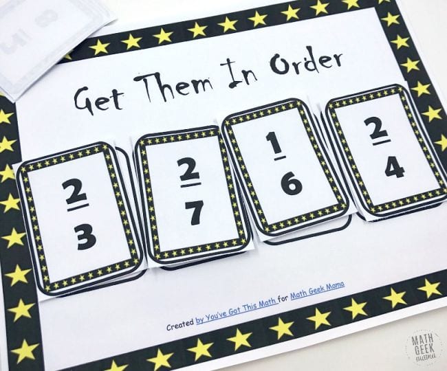A printable worksheet with fraction cards titled Get Them In Order as an example of fraction games and activities