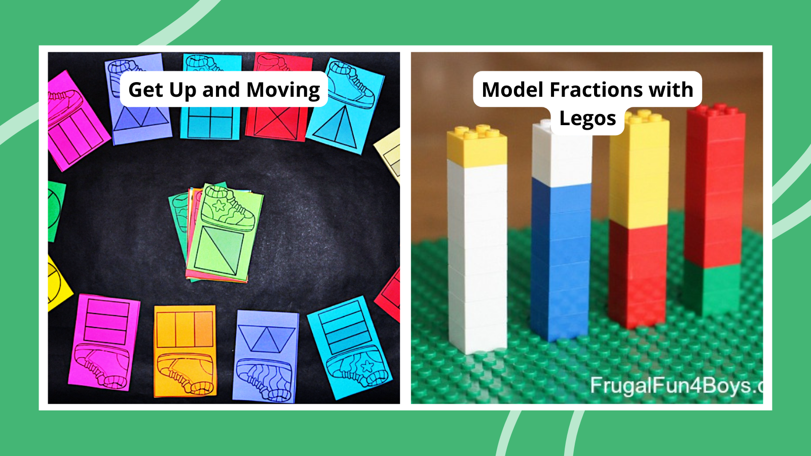examples of fraction activities, playing a game with fraction task cards and building lego fractions