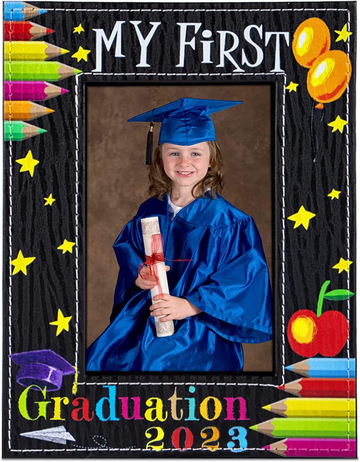 A black photo frame says My First Graduation 2023. 