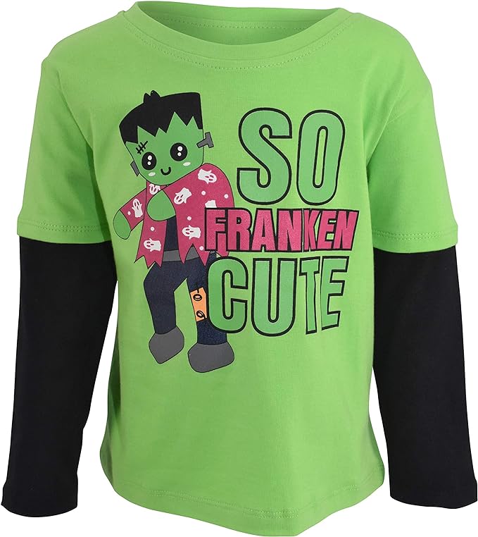 A green shirt with black sleeves has a cartoon Frankenstein on it and text that reads so franken cute.
