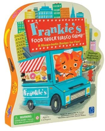 Box for Frankie's Food Truck Fiasco game showing a cat driving a food truck as an example of best preschool card games and board games for the classroom