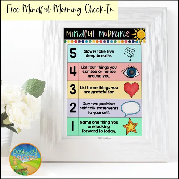 a poster for mindful morning check ins in the classroom, as an example of social emotional learning activities