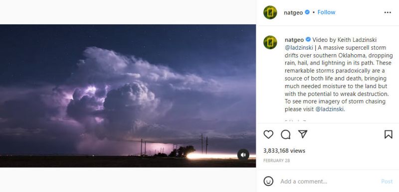 Screen shot of a National Geographic video on Instagram showing a thunderstorm supercell