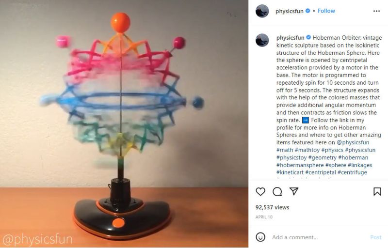 Screen shot of a Physics is Fun Instagram video showing a Hoberman Orbiter toy (Free Science Videos)