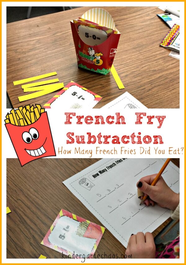 French Fry Subtraction game with a cardboard french fry box and paper french fries next to a subtraction worksheet