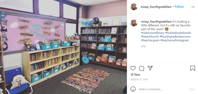 Still of fresh and fun fourth grade classroom ideas book nook from Instagram