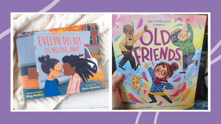 Friendship books including Evelyn Del Rey is Moving Away laying on blanket and hand holding Old Friends book.