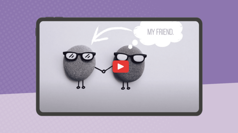 Screenshot of one of our favorite friendship videos featuring two stones with sunglasses holding hands on tablet screen with purple background.