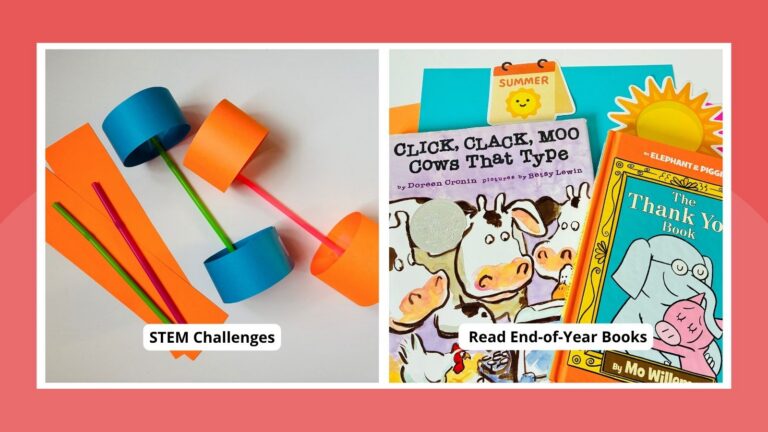 an image of two last day of school activities that includes a stem activity and read alouds