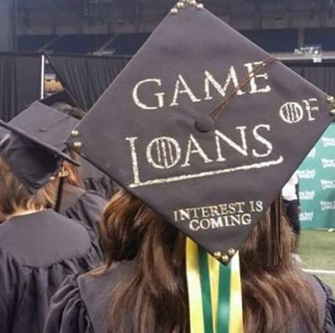 Graduation cap with words Game of Loans, Interest is coming