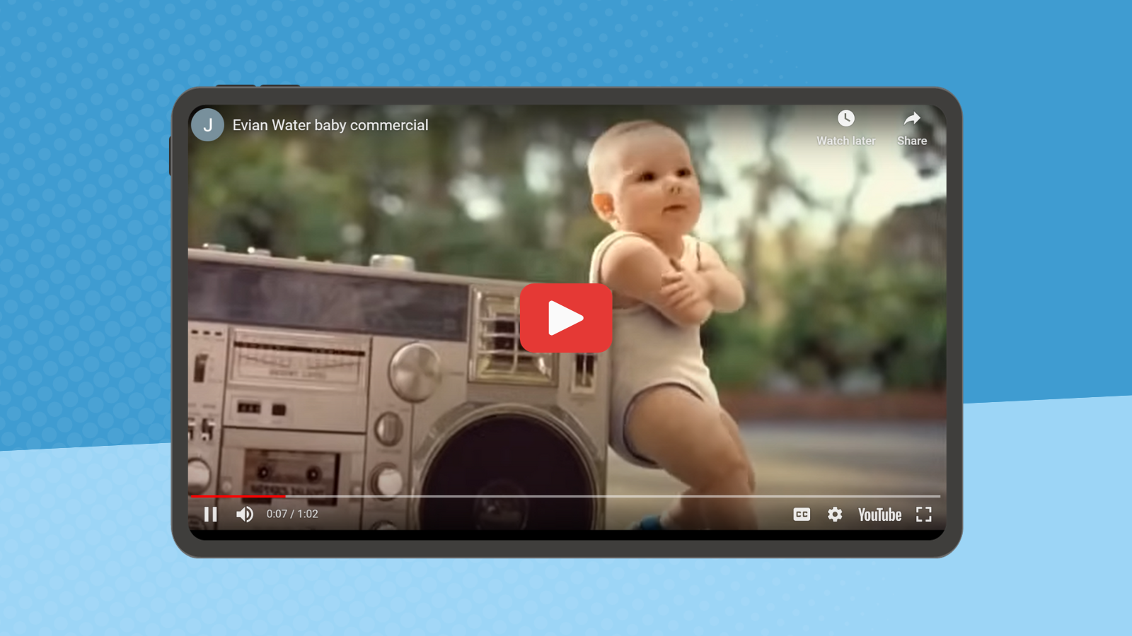 Ipad showing funny kids video of baby leaning on boombox.
