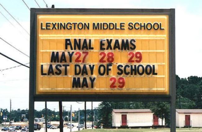 Sign about final exams, with the "I" tipped so the first word looks like "Anal"