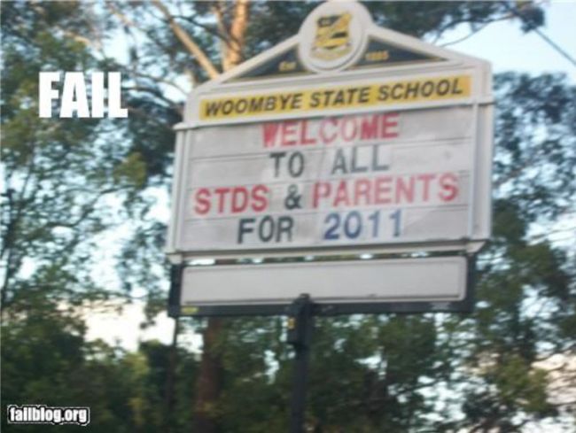 School marquee reading "Welcome STDS & PARENTS" (Funny School Signs)