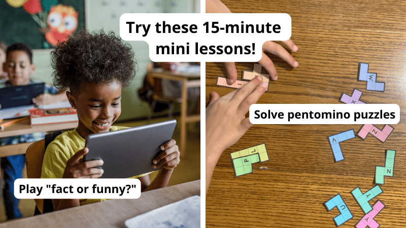Collage of games with text 'Try these 15-inute mini lessons'