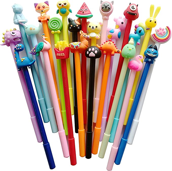 Assorted colorful gel ink pens with novelty toppers
